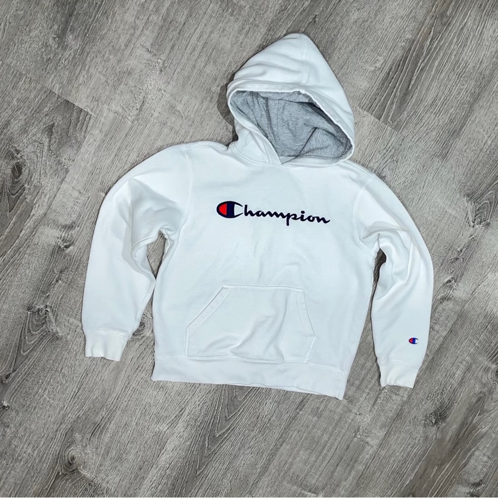 Champion White Pullover Hoodie with Gray Lining